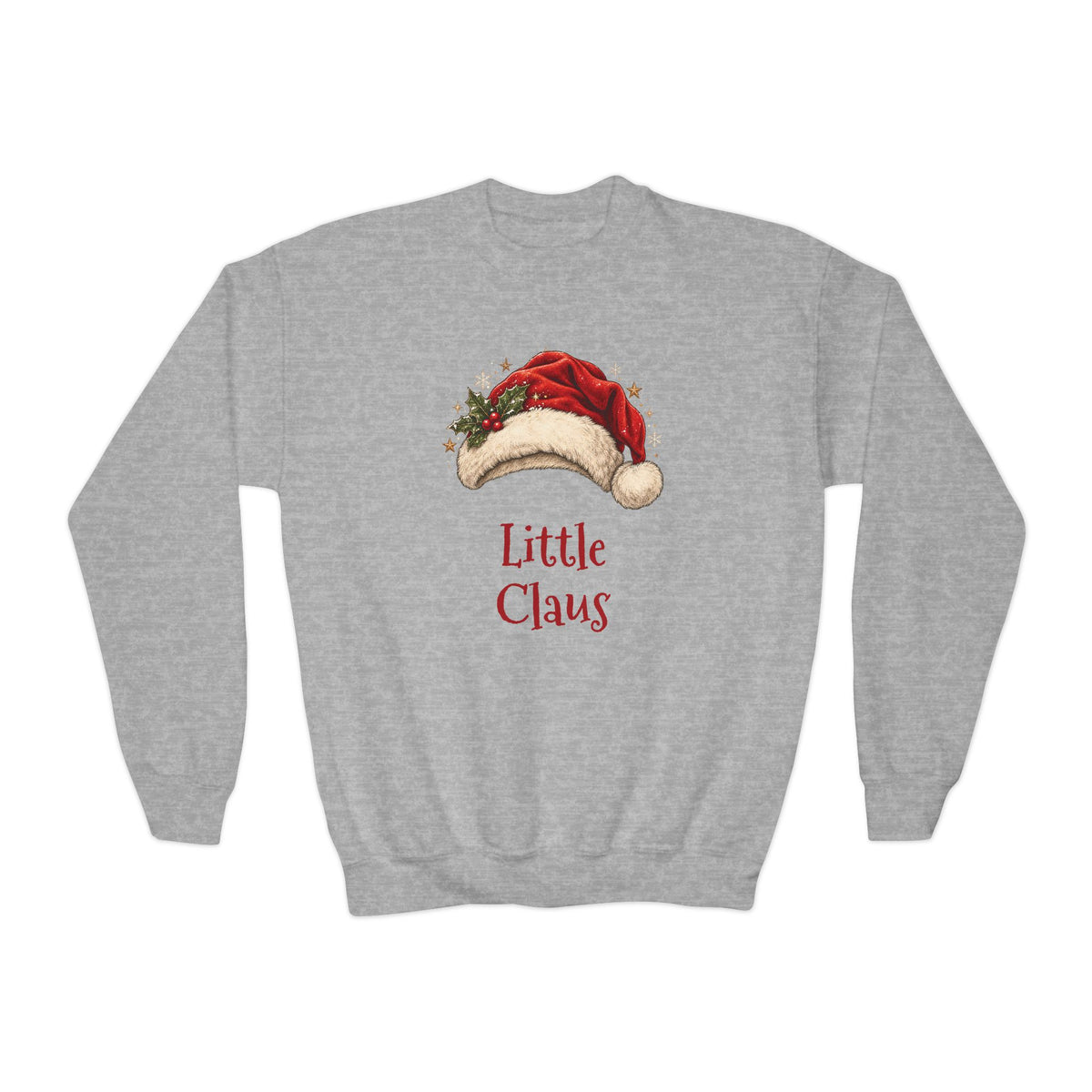 Sport Grey Little Claus youth sweatshirt with a red Santa hat and holly, front view