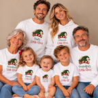Family wearing matching Little Elves Christmas shirts: Dad's, Mama's, Grandma's and Grandpa's Little Elves with Mama's, Grandma's and Dad's Little Elf for the kids