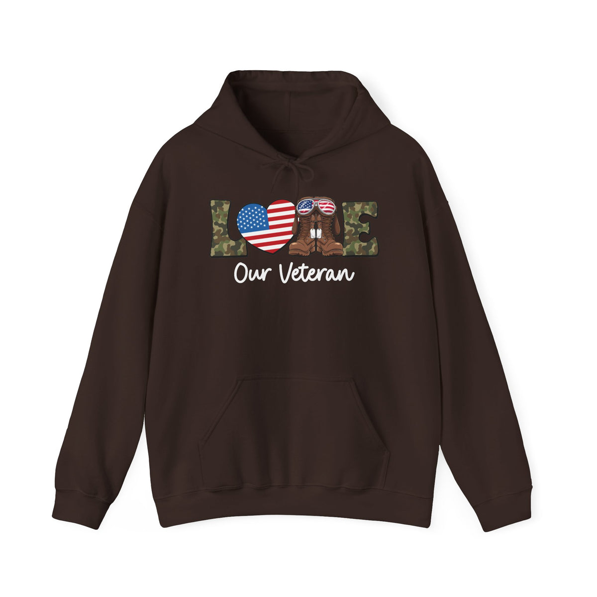 Dark chocolate love our veteran hoodie with camo lettering, flag heart and boots, front view