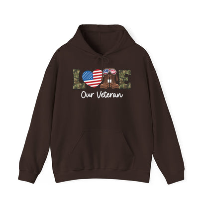 Dark chocolate love our veteran hoodie with camo lettering, flag heart and boots, front view