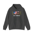 Dark heather love our veteran hoodie with camo lettering, flag heart and boots, front view