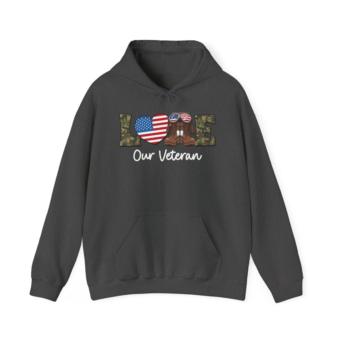 Dark heather love our veteran hoodie with camo lettering, flag heart and boots, front view