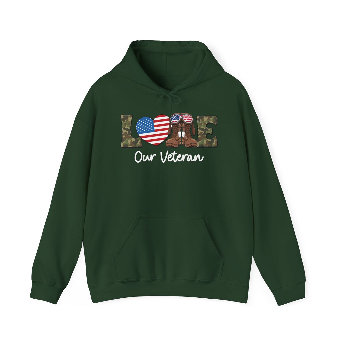 Forest green love our veteran hoodie with camo lettering, flag heart and combat boots, front view