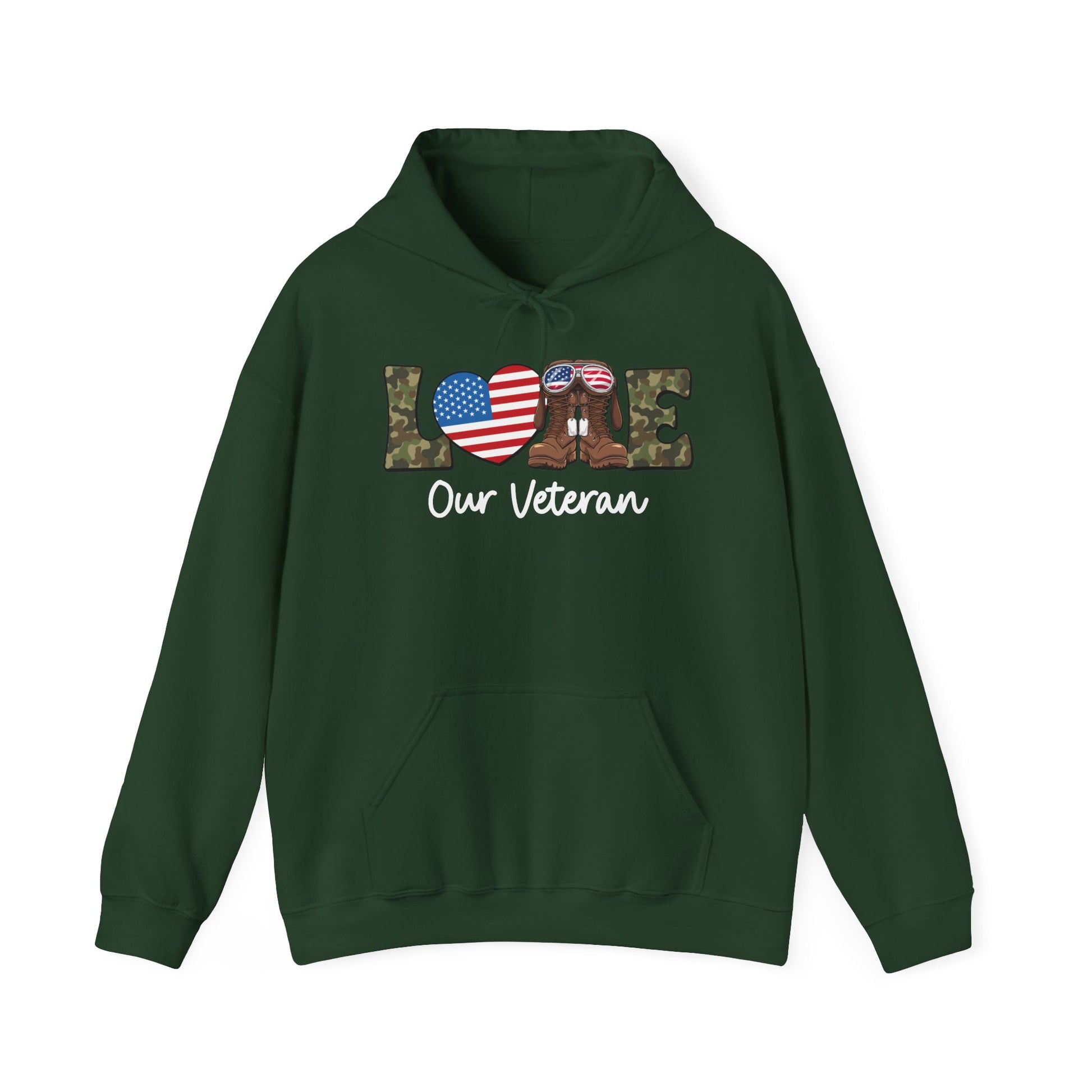 Forest green love our veteran hoodie with camo lettering, flag heart and combat boots, front view