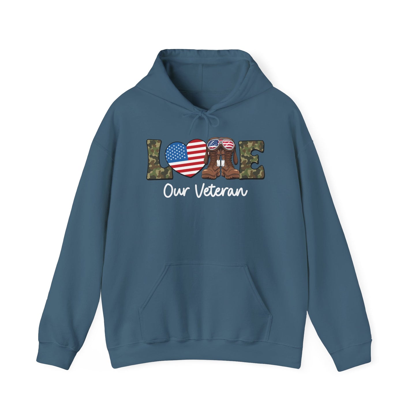 Indigo blue love our veteran hoodie with camo lettering, flag heart and boots, front view