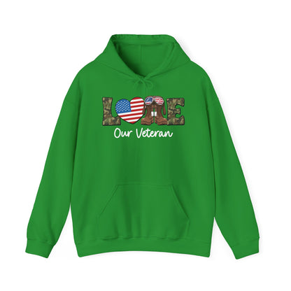 Irish green love our veteran hoodie with camo lettering, flag heart and combat boots, front view