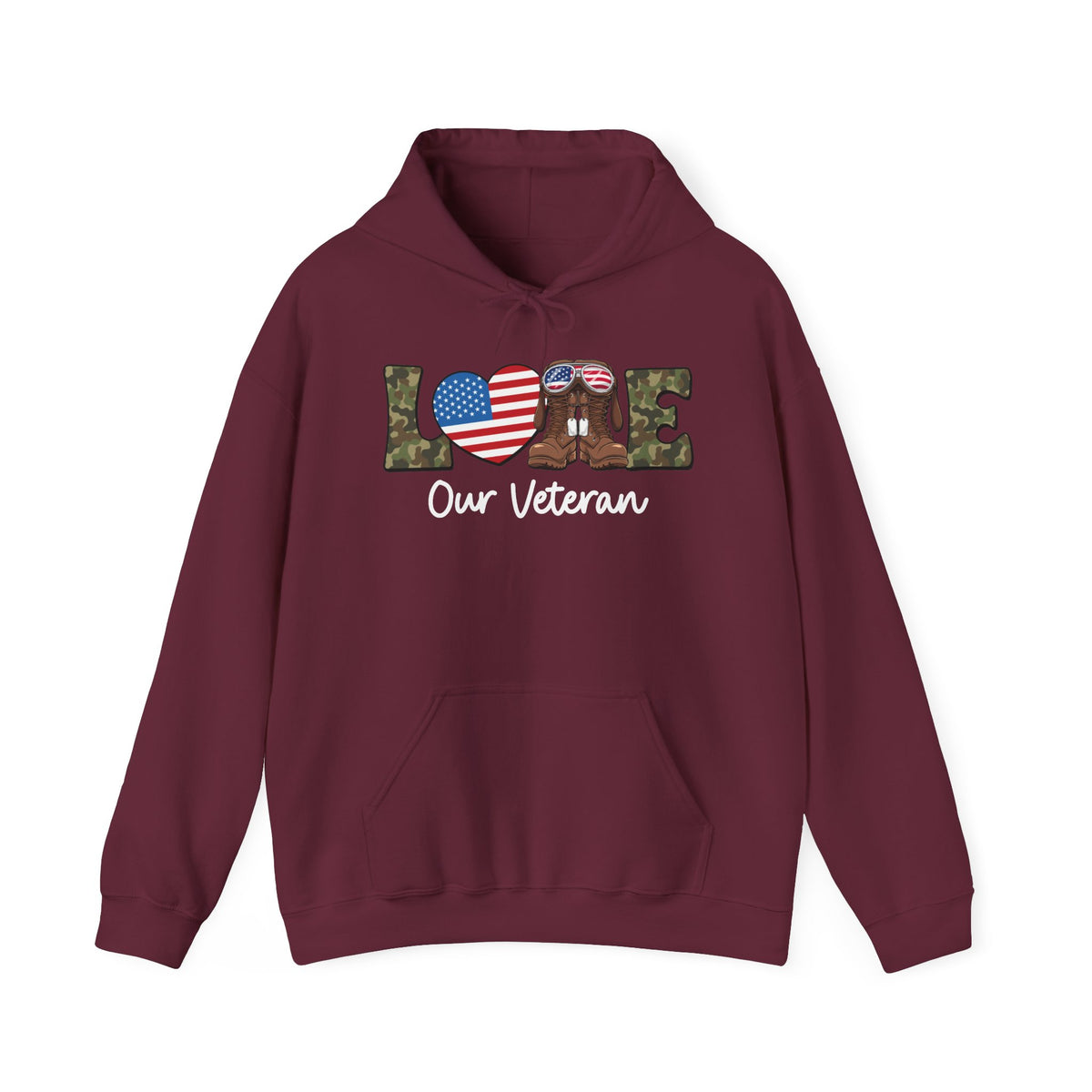 Maroon love our veteran hoodie with camo lettering, flag heart and combat boots, front view