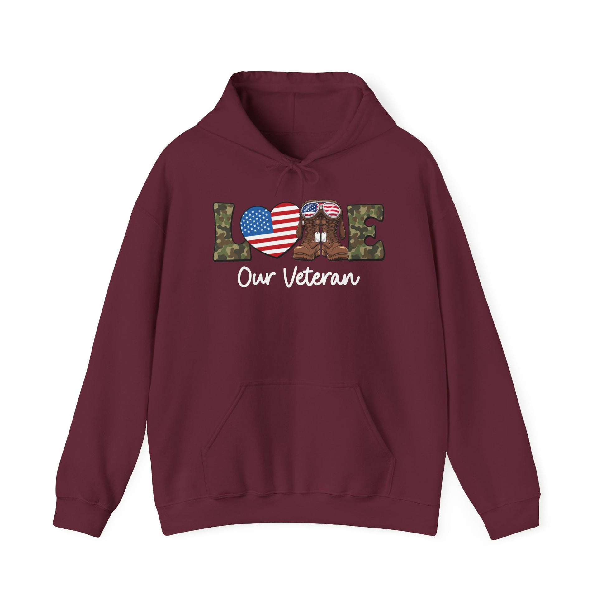 Maroon love our veteran hoodie with camo lettering, flag heart and combat boots, front view