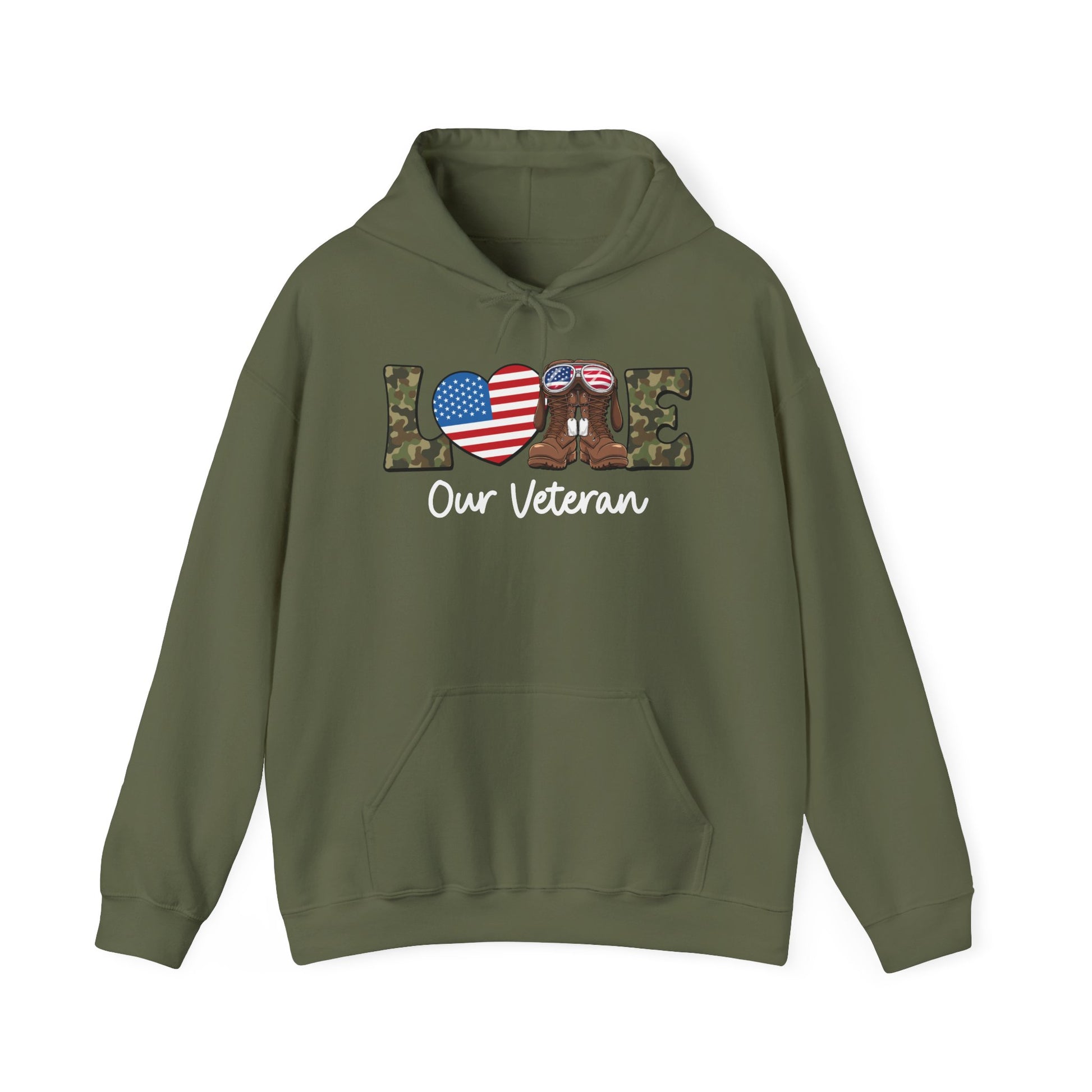 Military green love our veteran hoodie with camo lettering, flag heart and boots, front view