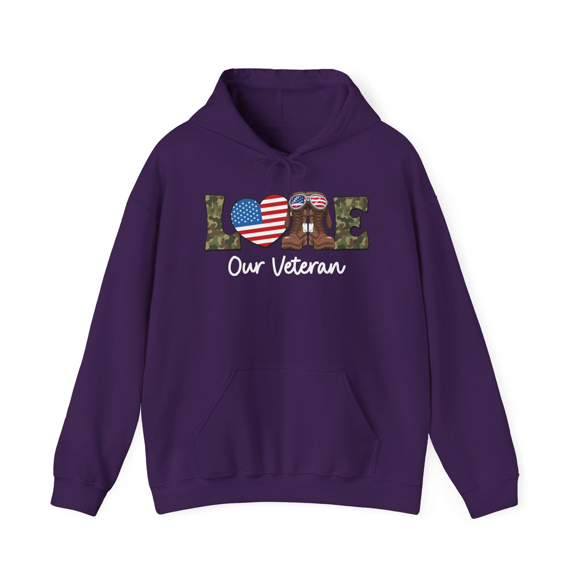 Purple love our veteran hoodie with camo lettering, flag heart and combat boots, front view
