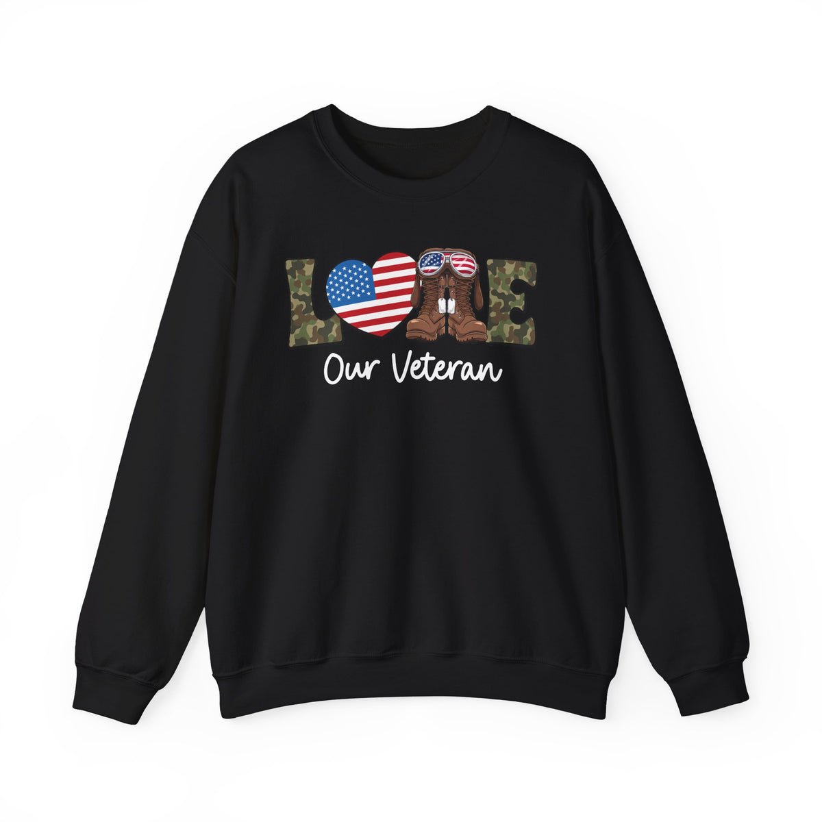Black love our veteran sweatshirt with camo lettering, flag heart and combat boots, front view