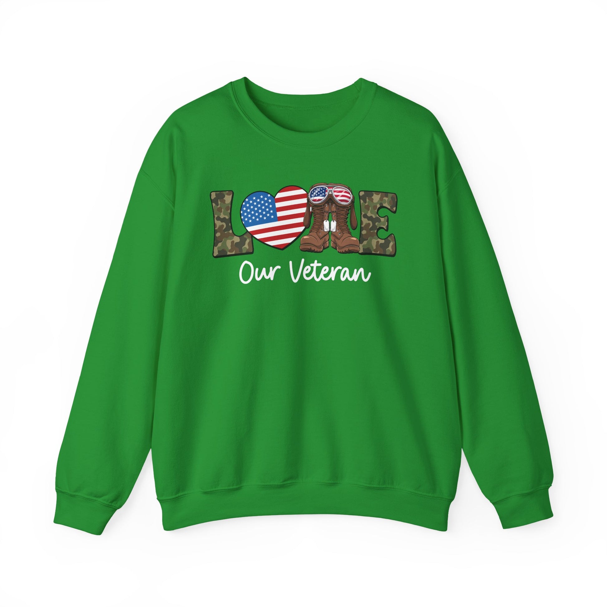 Irish green love our veteran sweatshirt with camo lettering, flag heart and combat boots, front view