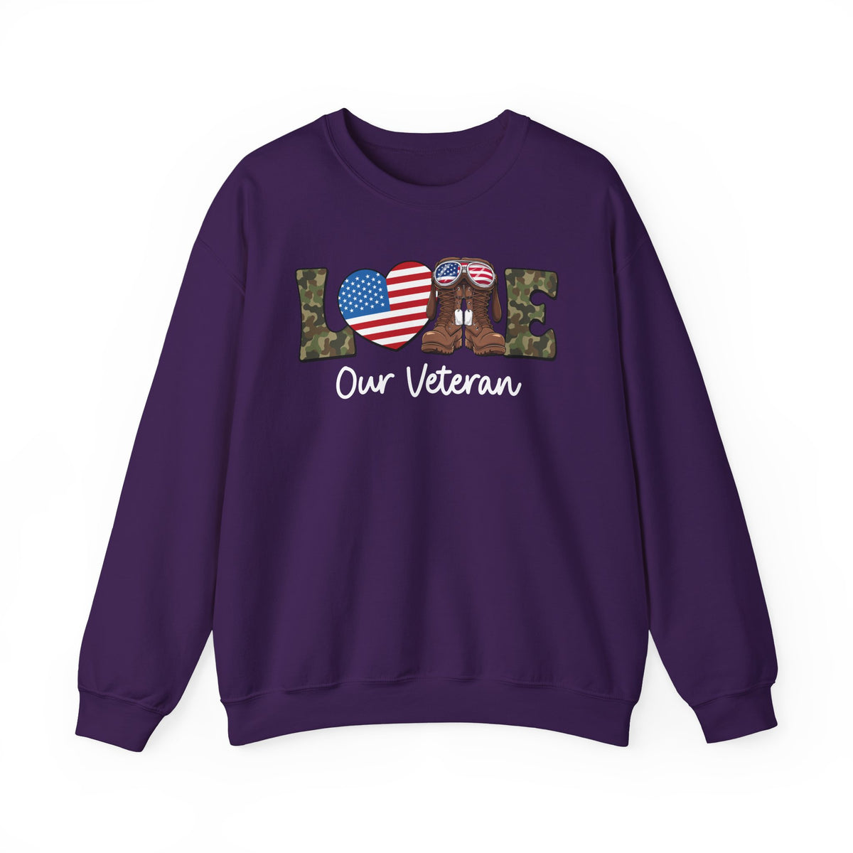 Purple love our veteran sweatshirt with camo lettering, flag heart and combat boots, front view