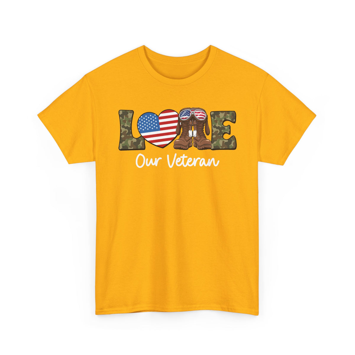 Gold love our veteran t-shirt with camo lettering, flag heart and combat boots, front view
