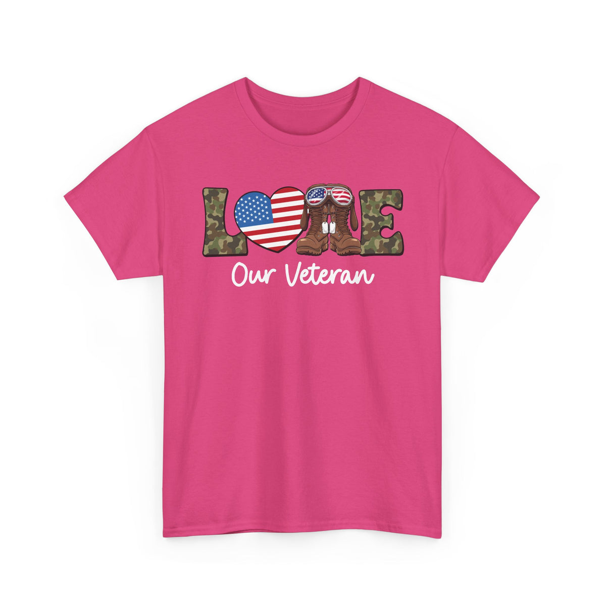 Heliconia pink love our veteran t-shirt with camo lettering, flag heart and boots, front view