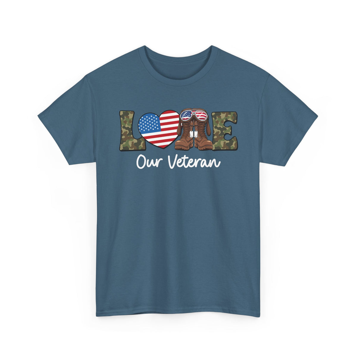 Indigo blue love our veteran t-shirt with camo lettering, flag heart and boots, front view