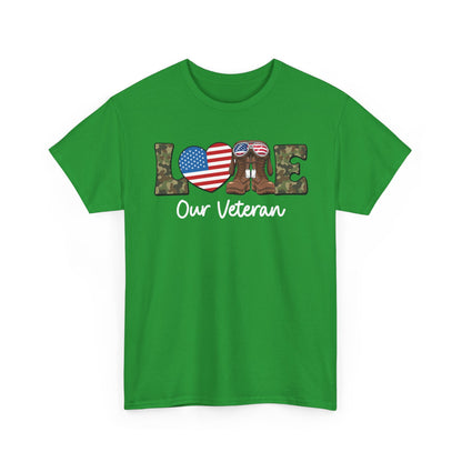 Irish green love our veteran t-shirt with camo lettering, flag heart and combat boots, front view