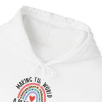 Making The World A Better Place Since 1984 rainbow hoodie, hood and print detail