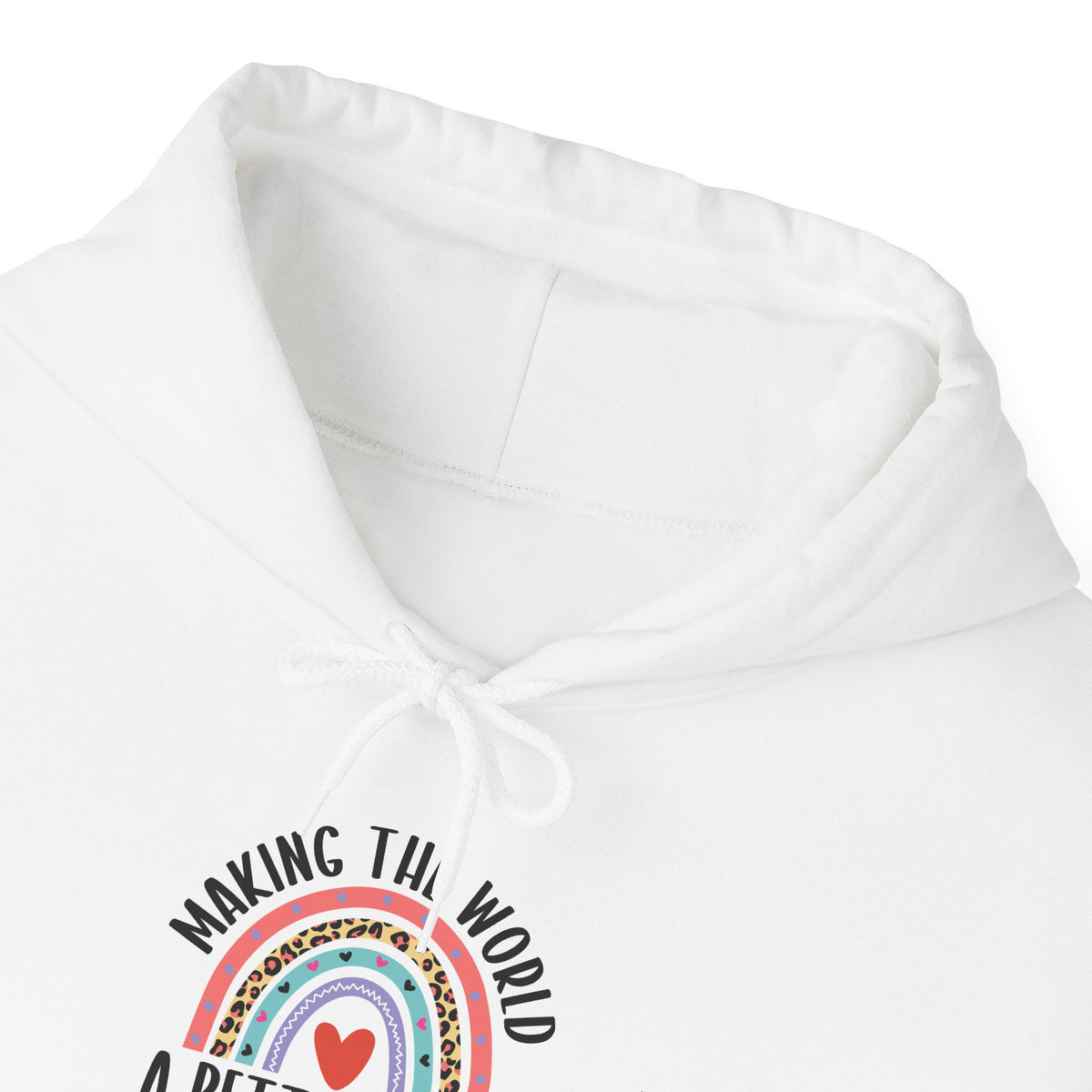 Making The World A Better Place Since 1984 rainbow hoodie, hood and print detail