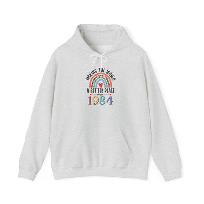 Ash Making The World A Better Place Since 1984 rainbow hoodie, front view