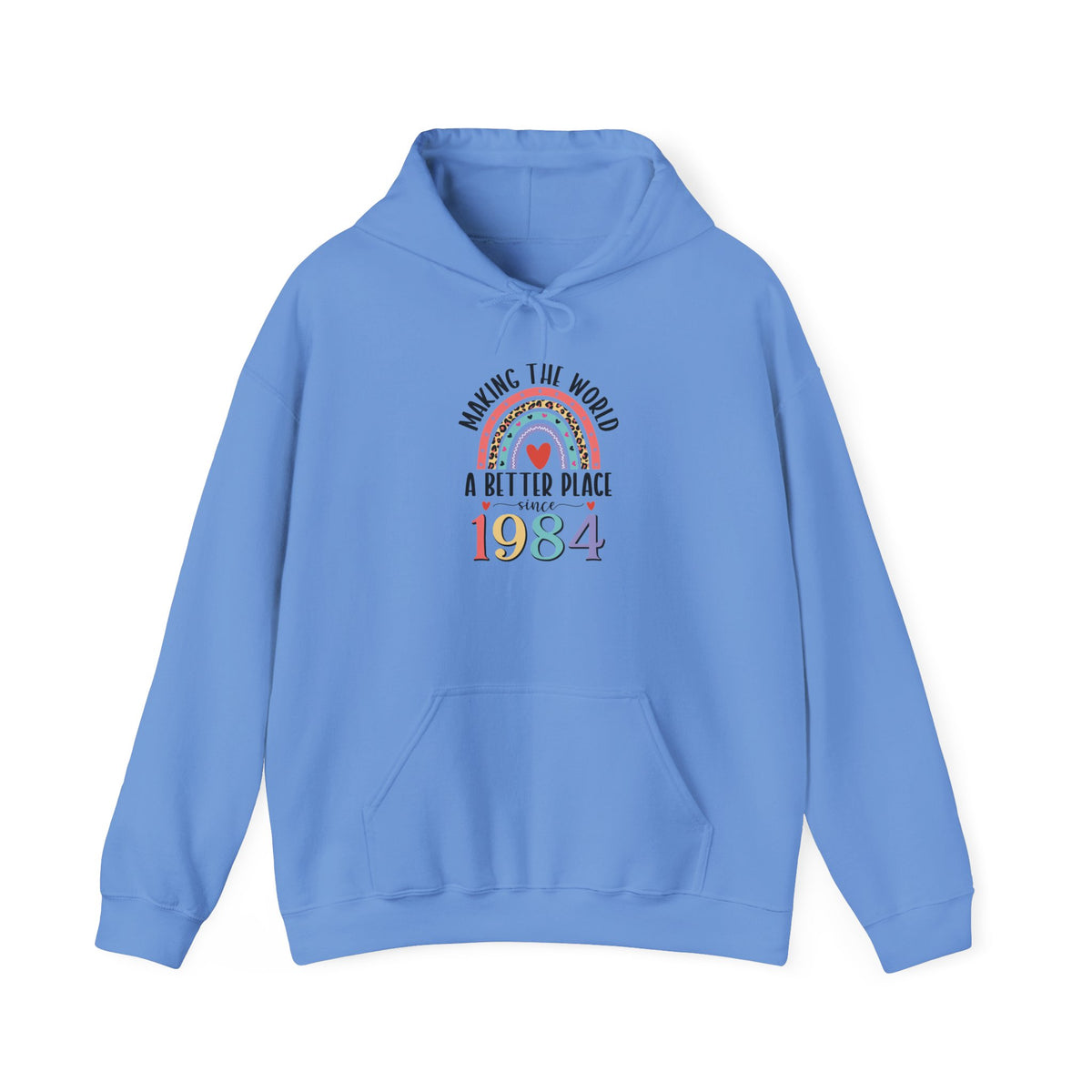 Carolina Blue Making The World A Better Place Since 1984 rainbow hoodie, front view