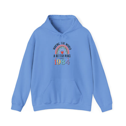 Carolina Blue Making The World A Better Place Since 1984 rainbow hoodie, front view