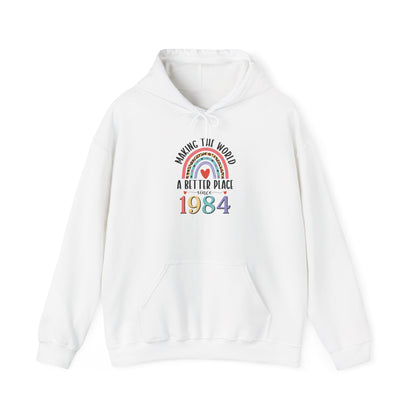 White Making The World A Better Place Since 1984 rainbow hoodie, front view