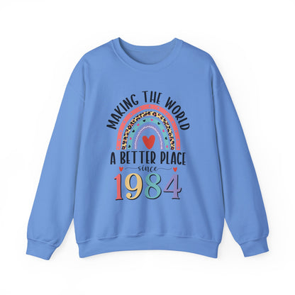 Carolina Blue Making The World A Better Place Since 1984 rainbow sweatshirt, front view