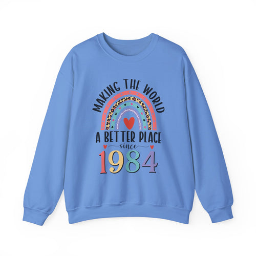 Carolina Blue Making The World A Better Place Since 1984 rainbow sweatshirt, front view