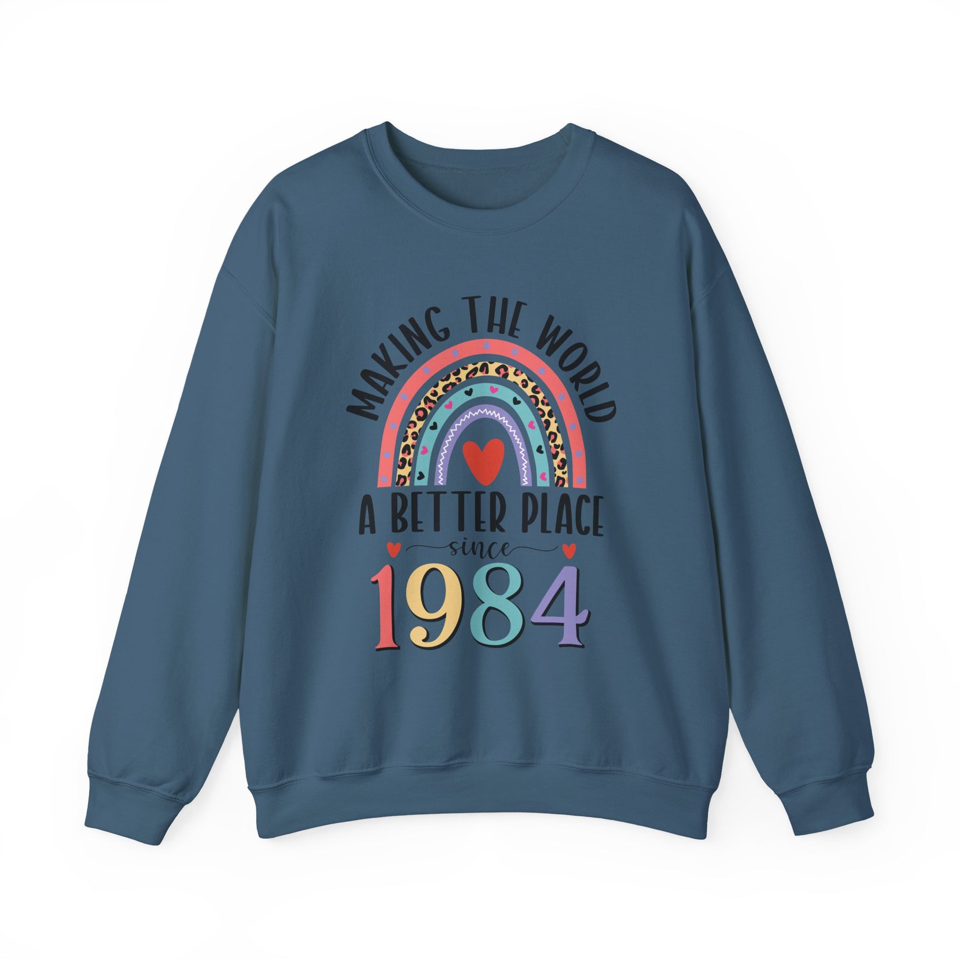 Indigo Blue Making The World A Better Place Since 1984 rainbow sweatshirt, front view