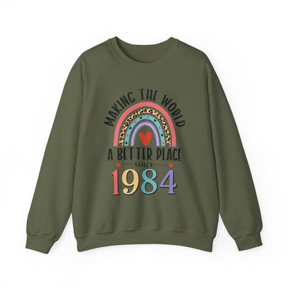 Military Green Making The World A Better Place Since 1984 rainbow sweatshirt, front view