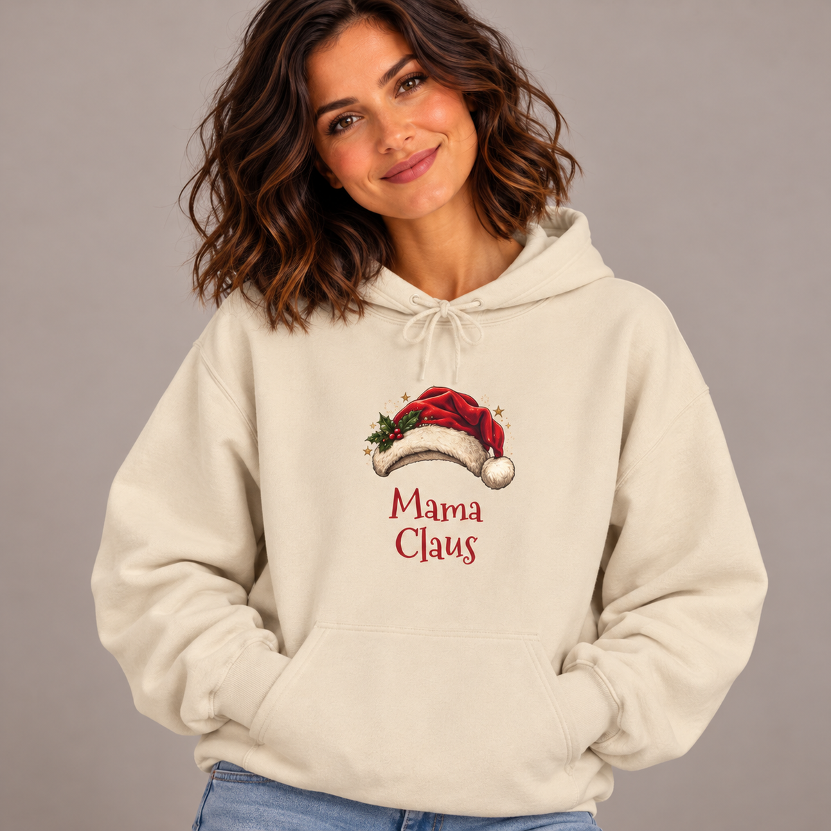 Woman wearing the Sand Mama Claus Hoodie with jeans