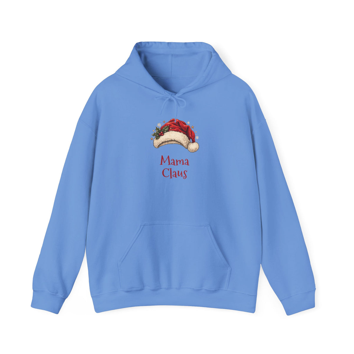 Carolina Blue Mama Claus hoodie with a red Santa hat and holly, front view