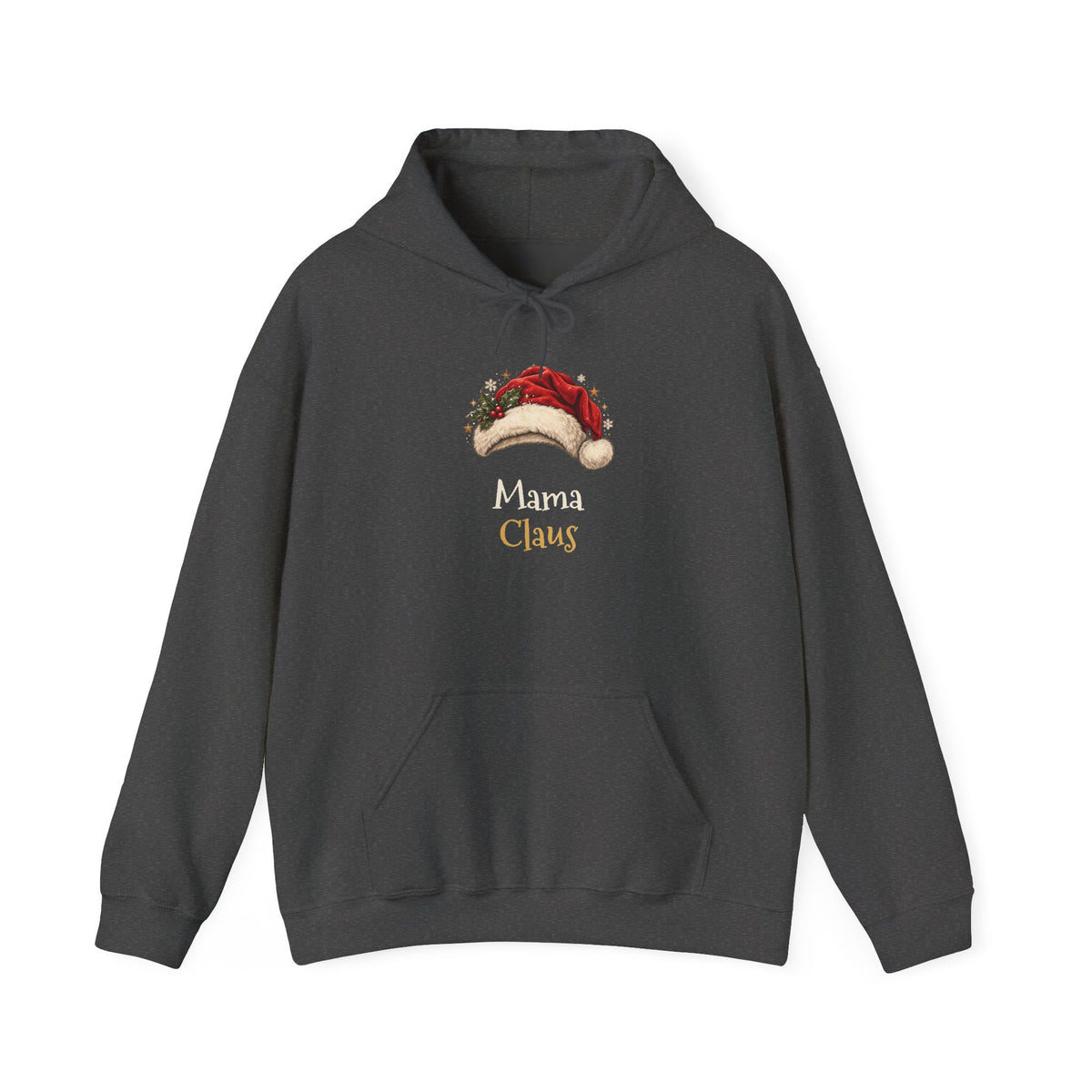 Dark Heather Mama Claus hoodie with a red Santa hat and holly, front view