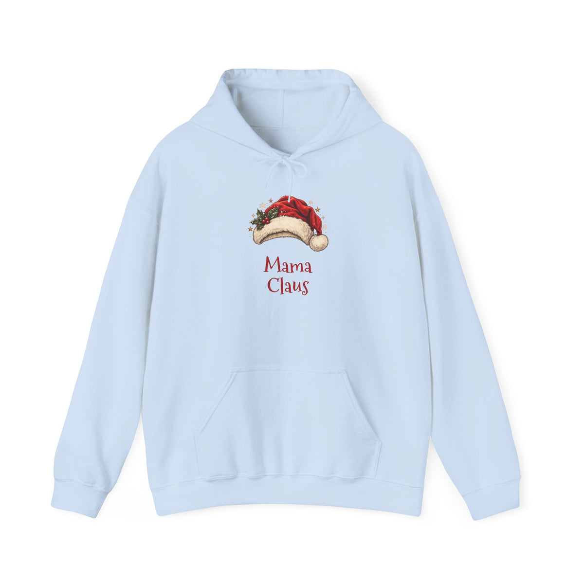 Light Blue Mama Claus hoodie with a red Santa hat and holly, front view