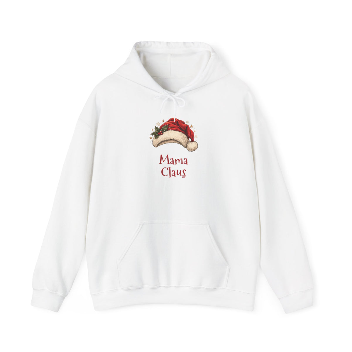 White Mama Claus hoodie with a red Santa hat and holly, front view