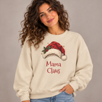 Woman wearing the Sand Mama Claus Sweatshirt with jeans