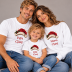 Family wearing matching Papa Claus, Mama Claus and Little Claus shirts