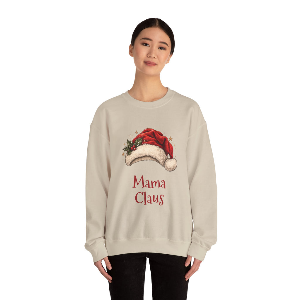 Woman wearing the Mama Claus Sweatshirt