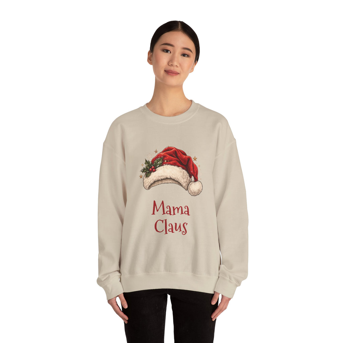 Woman wearing the Mama Claus Sweatshirt