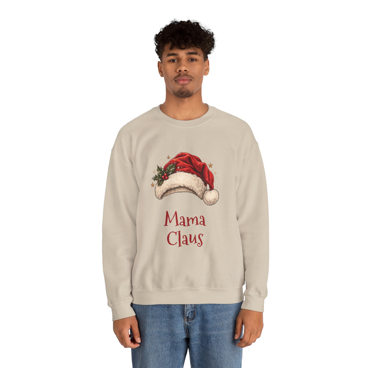 Man wearing the Mama Claus Sweatshirt