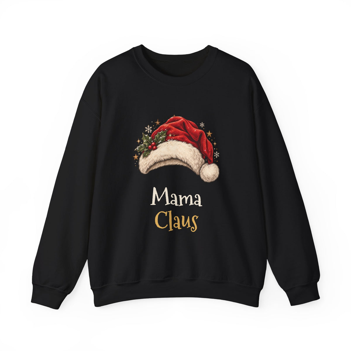 Black Mama Claus sweatshirt with a red Santa hat and holly, front view
