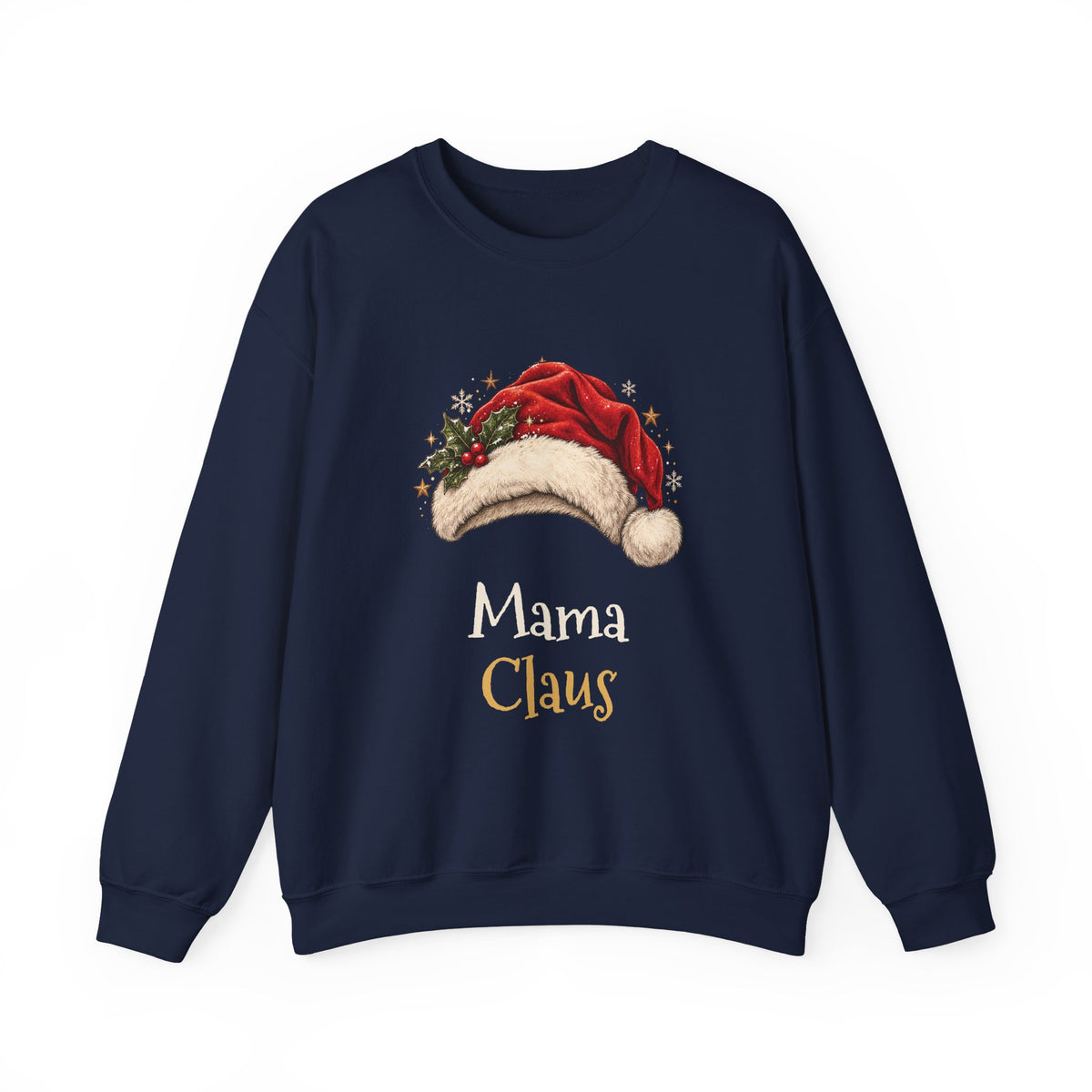 Navy Mama Claus sweatshirt with a red Santa hat and holly, front view