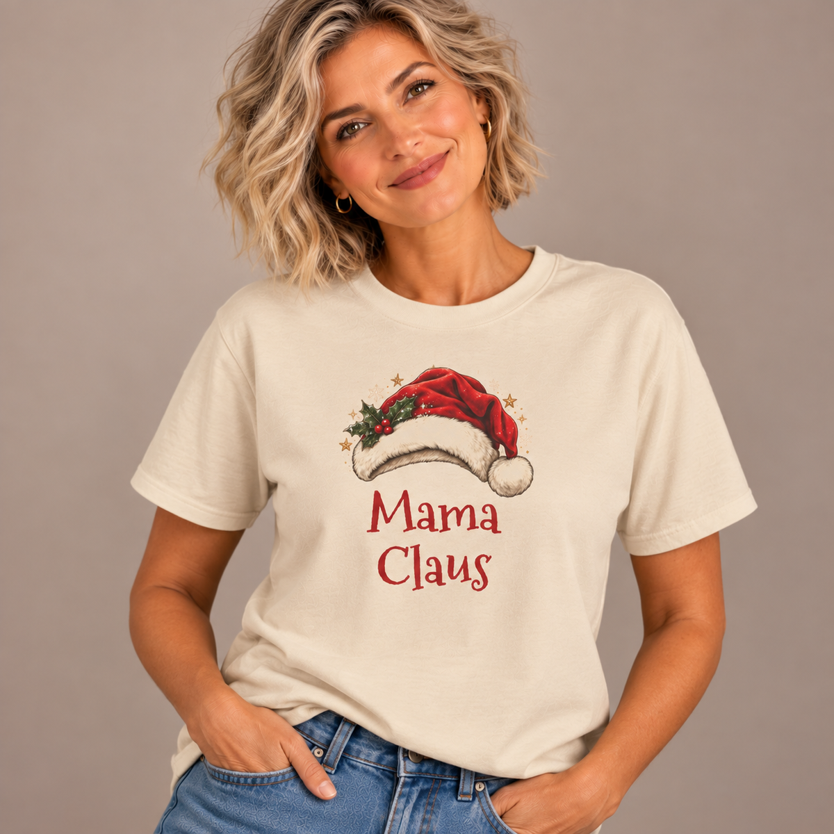 Woman wearing the Sand Mama Claus T-Shirt with jeans