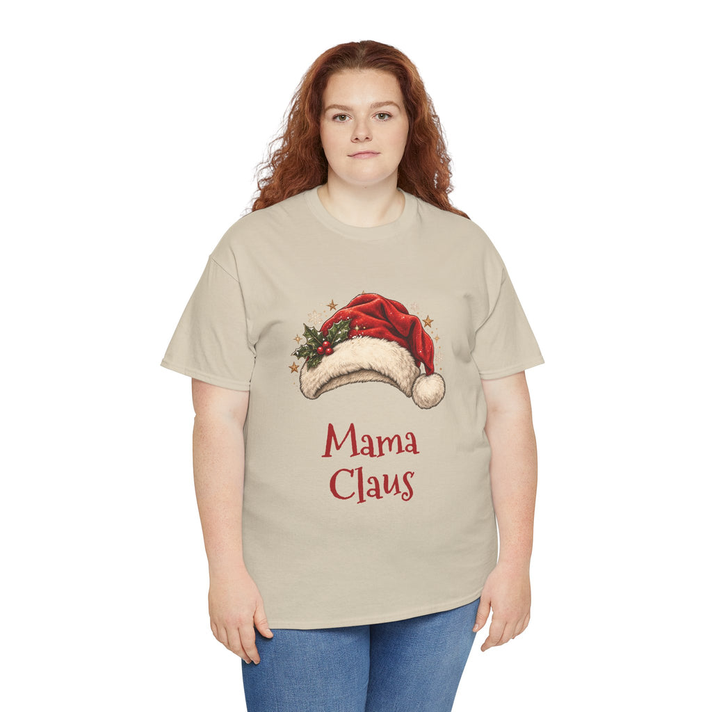 Woman wearing the Mama Claus T-Shirt, smiling