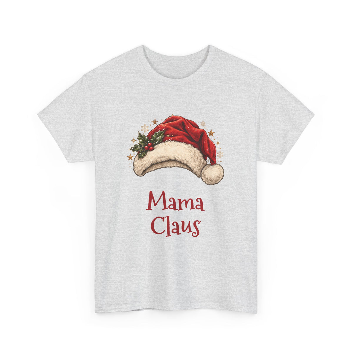 Ash Mama Claus t-shirt with a red Santa hat and holly, front view