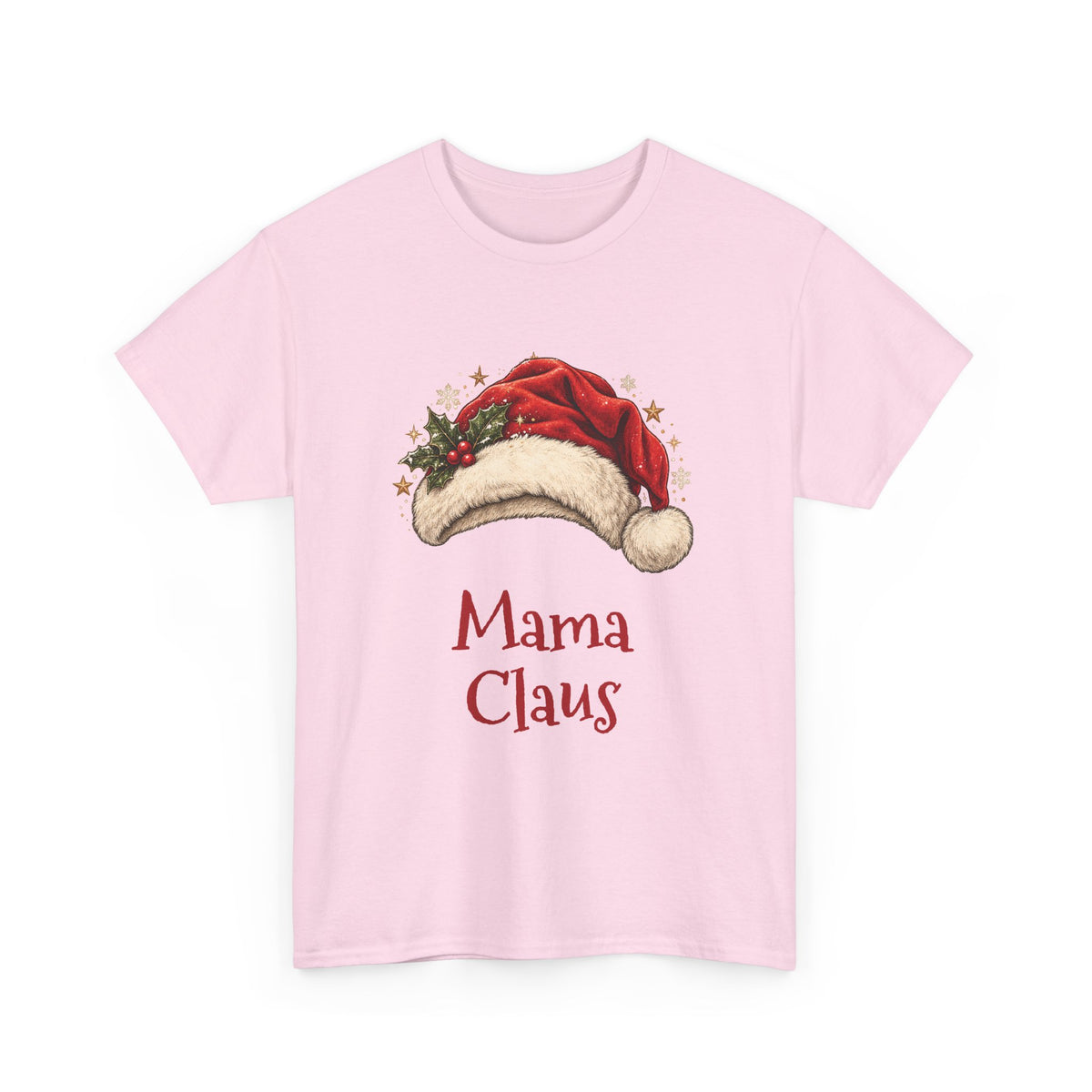 Light Pink Mama Claus t-shirt with a red Santa hat and holly, front view