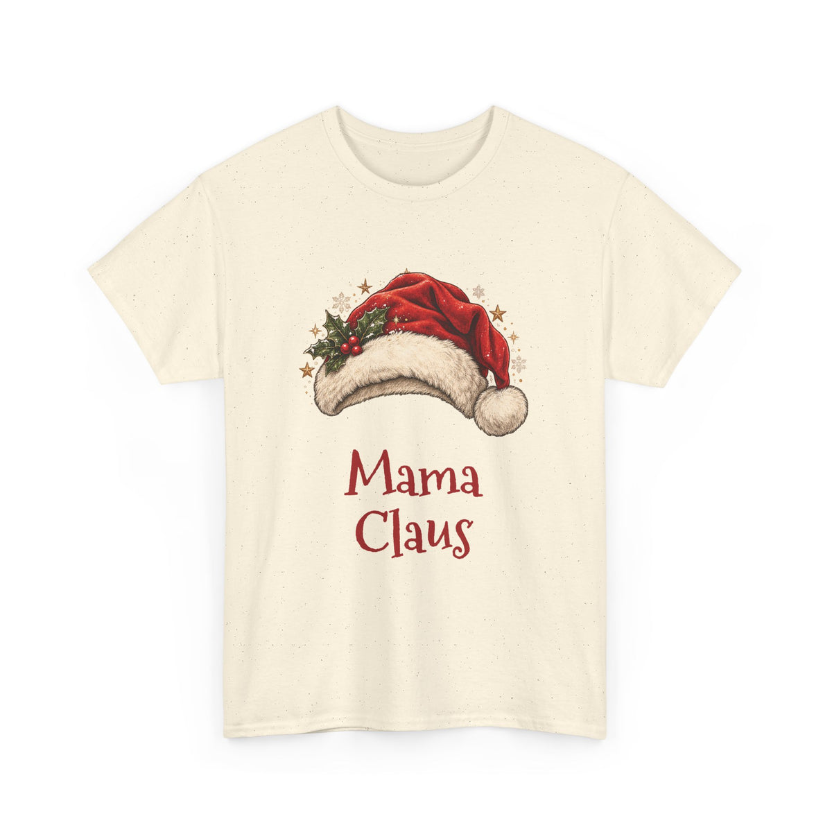 Natural Mama Claus t-shirt with a red Santa hat and holly, front view