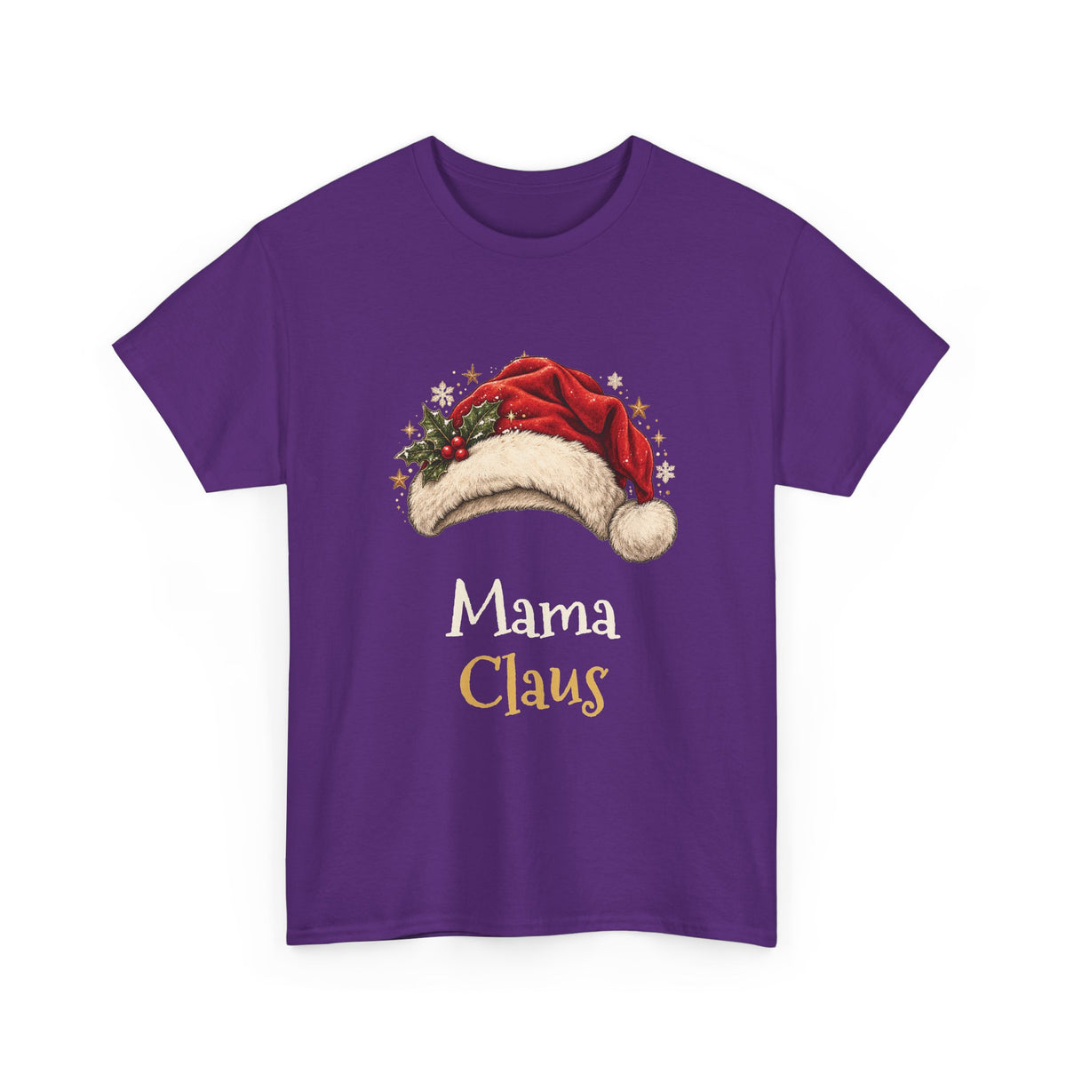 Purple Mama Claus t-shirt with a red Santa hat and holly, front view