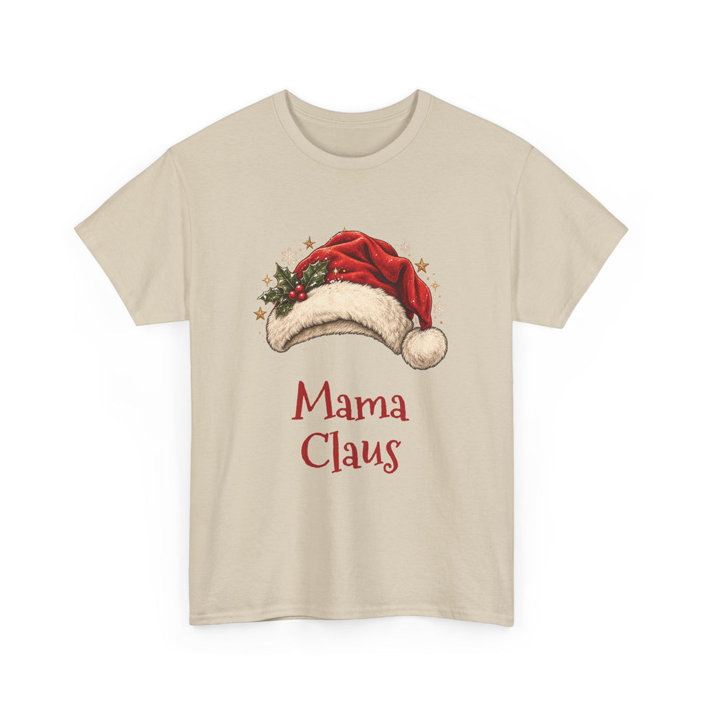 Sand Mama Claus t-shirt with a red Santa hat and holly, front view